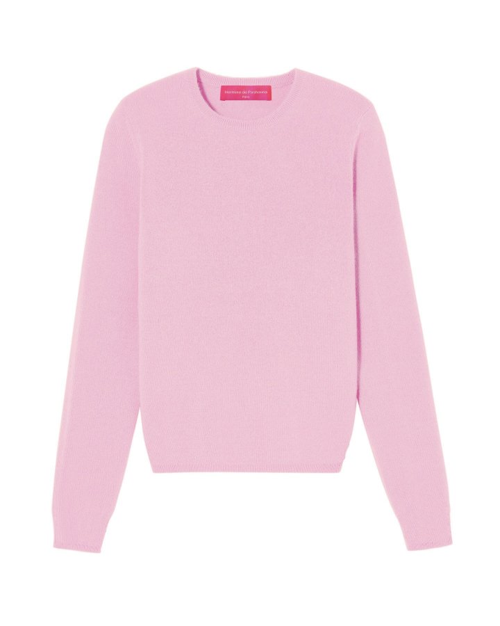 pull col rond en cachemire rose pâle pour femme