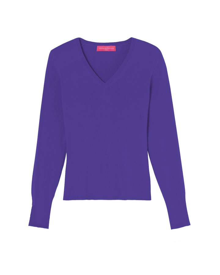 Kasjmier trui met V kraag Regenblauw