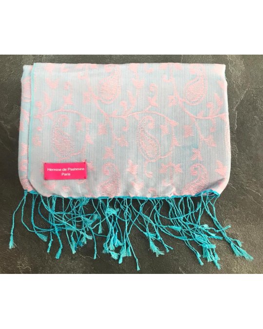 Pashmina en eau de soie Rose pâle et bleu ciel brodé
