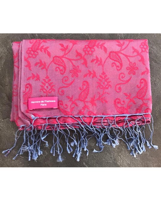 Pashmina en eau de soie Rouge et mauve brodé