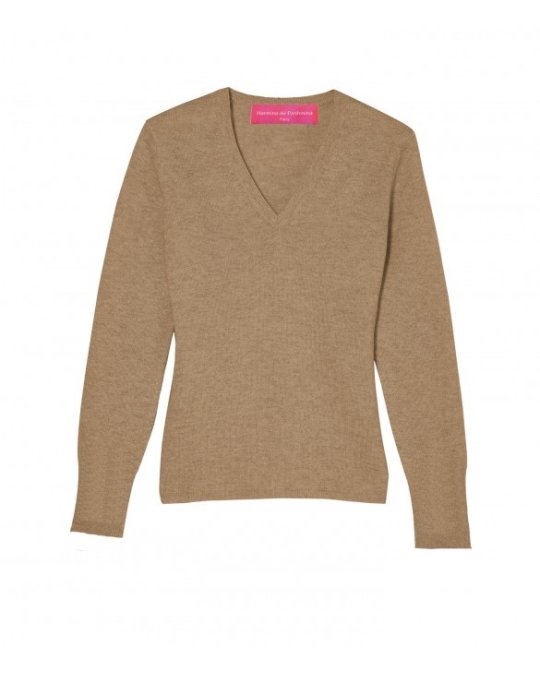 Maglione in cachemire a V cammello per donna