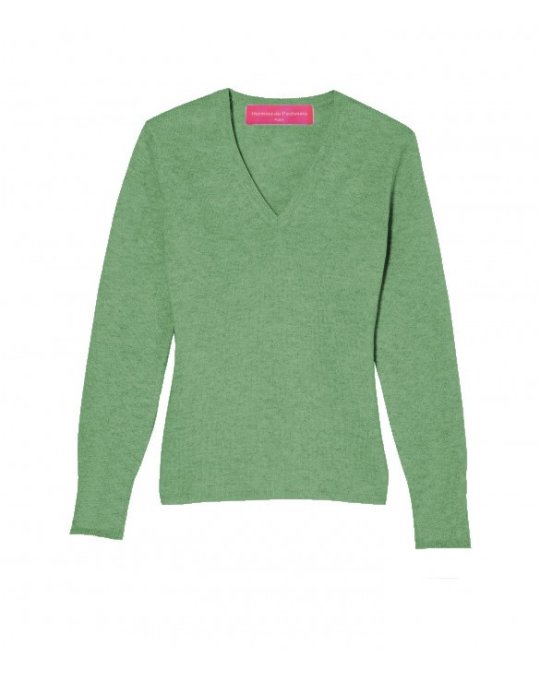 Pull col en V en cachemire vert campagne pour femme
