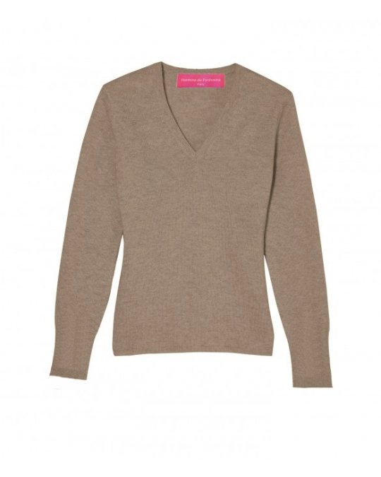 Pull col en V en cachemire café pour femme