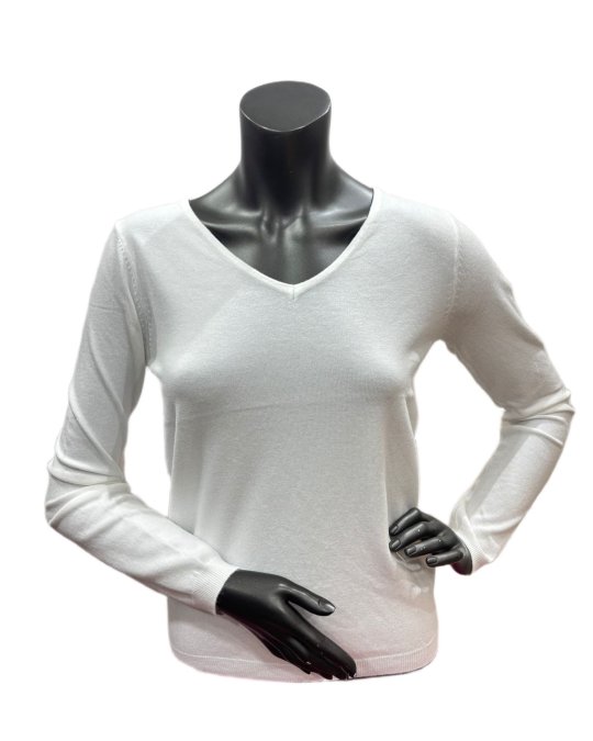 V-Neck Wool and Bamboo Sweater – White