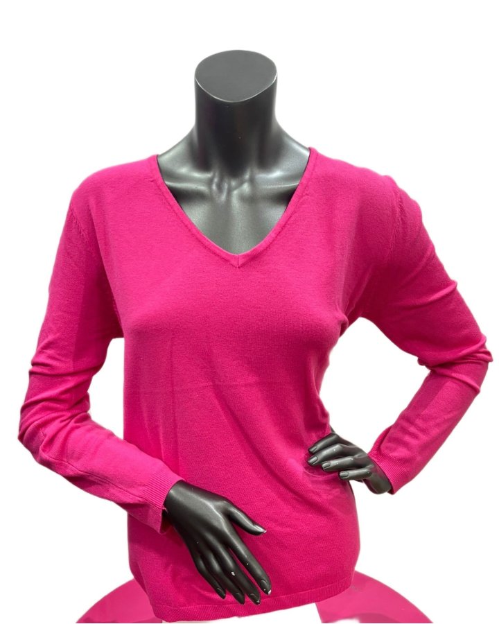 V-Ausschnitt Pullover aus Wolle und Bambus – Fuchsia