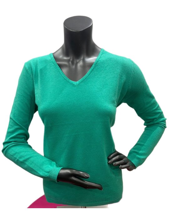 Maglione scollo a V in lana e bambù – Verde smeraldo