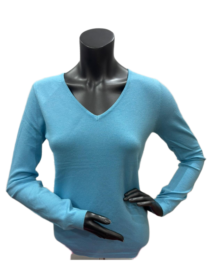V-Ausschnitt Pullover aus Wolle und Bambus – Blau Curaçao