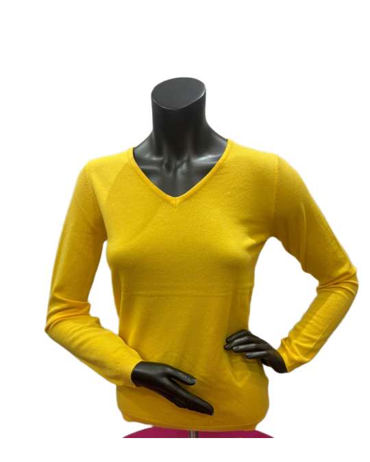 Maglione scollo a V in lana e bambù giallo zafferano