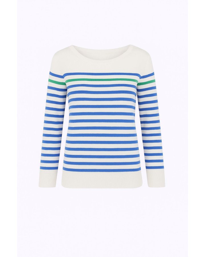 Maglia marinara in cashmere bianco a righe azzurro cielo con 1 riga verde