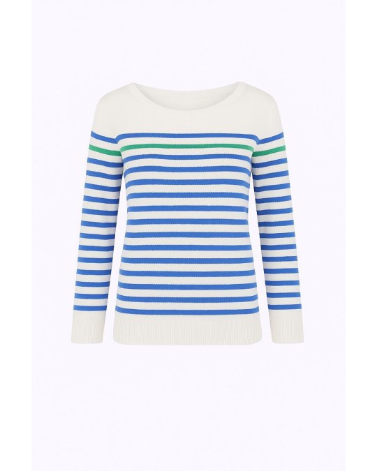 Maglia marinara in cashmere bianco a righe azzurro cielo con 1 riga verde