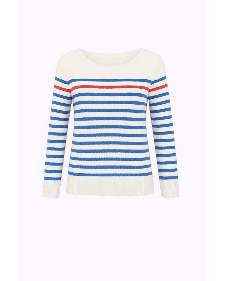 White cashmere Breton sweater with sky blue stripes and 1 red stripe