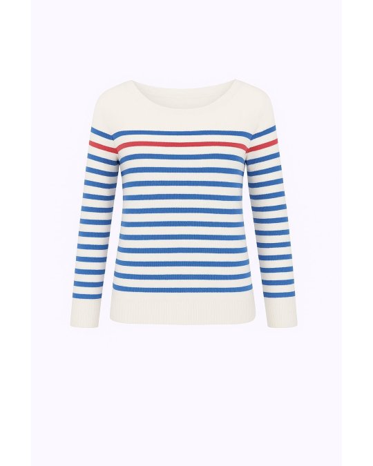 Maglione alla marinara in cashmere bianco a righe azzurro cielo con una riga rossa