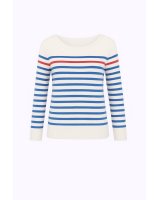 White cashmere Breton sweater with sky blue stripes and 1 red stripe