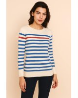 Pull marinière en cachemire blanc rayé bleu ciel et 1 rayure rouge