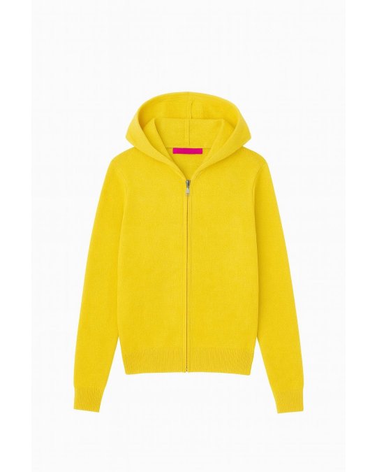 Kaschmir-Strickjacke mit Kapuze und Reißverschluss in meliertem Gelb für Damen