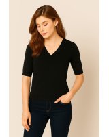 Maglia con scollo a V a maniche corte in cachemire Nero